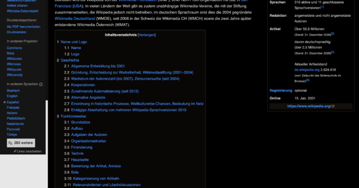 Wikipedia mit Plug-in Dark Mode