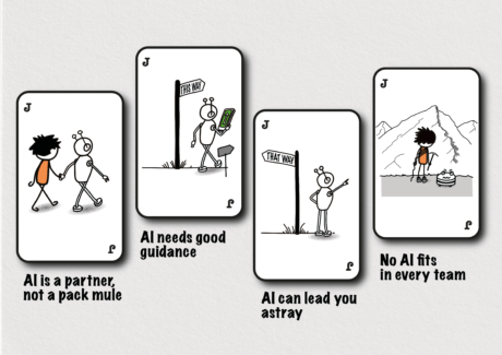 Four playing cards illustrating the four golden rules for working with AI. Card 1, “AI is a partner, not a pack mule”: a person and a robot walk along hand in hand. Card 2, “AI needs good guidance”: a robot holding a phone walks past a signpost reading “this way”. Card 3, “AI can lead you astray”: a robot points in the opposite direction to the signpost beside it, which reads “that way”. Card 4, “No AI fits in every team”: a hiker with a walking pole stands in a mountain landscape next to a robot vacuum cleaner.
