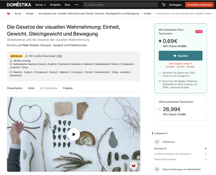 Screenshot der Website Domestika, auf dem der Kurs "Gesetze der visuellen Wahrnehmung" angezeigt wird